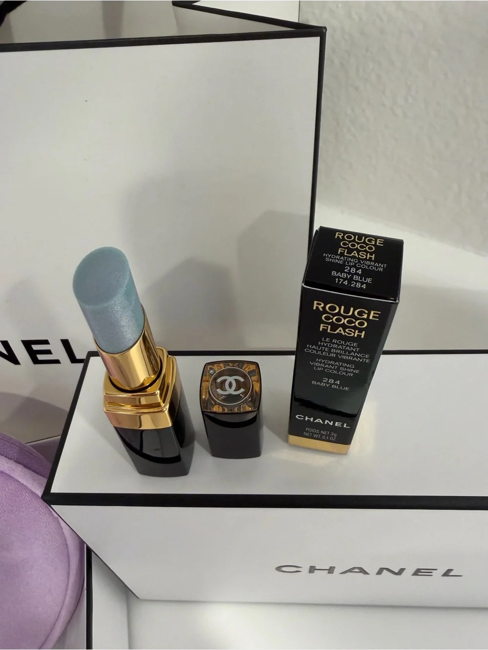 CHANEL Rouge Coco Flash Lipstick 284 Baby Blue CHANCE Velvet Pouch Bundle NWT